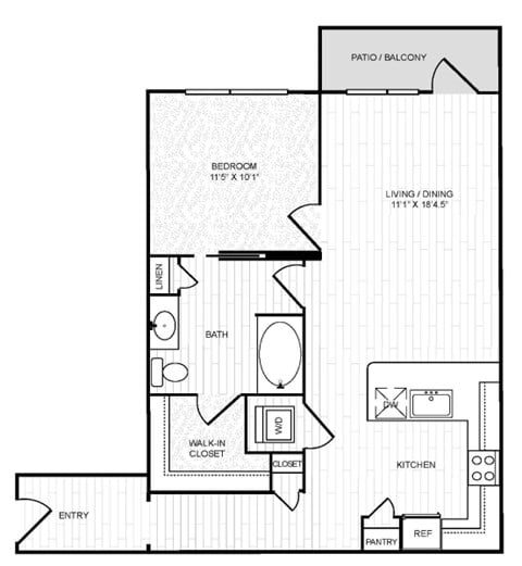 Floor plan for 1 bed, 1 bath, 780 sqft