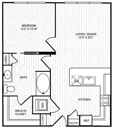 Floor plan for 1 bed, 1 bath, 784 sqft