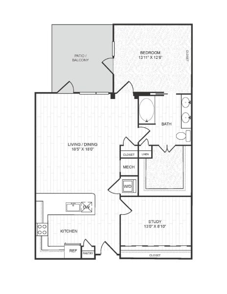 Floor plan for 1 bed, 1 bath, 1089 sqft