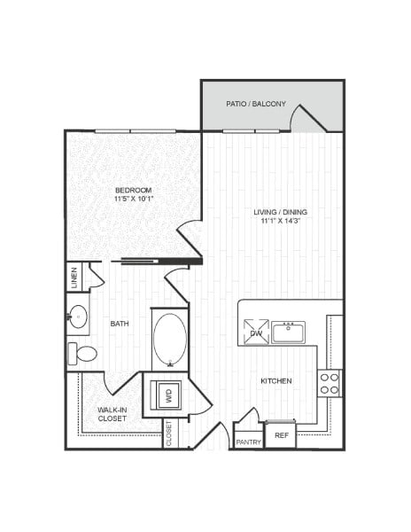 Floor plan for 1 bed, 1 bath, 686 sqft