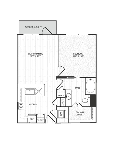 Floor plan for 1 bed, 1 bath, 705 sqft