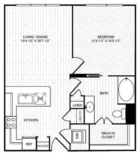 Floor plan for 1 bed, 1 bath, 754 sqft