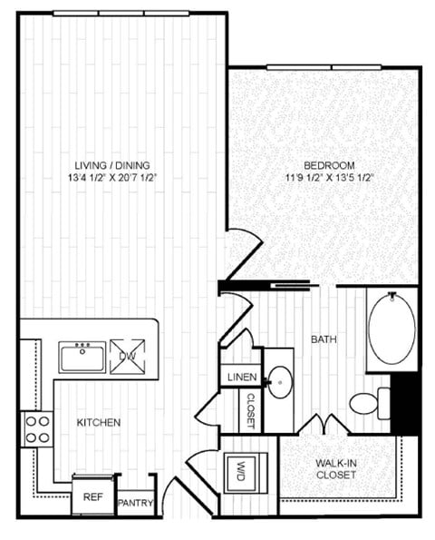 Floor plan for 1 bed, 1 bath, 805 sqft