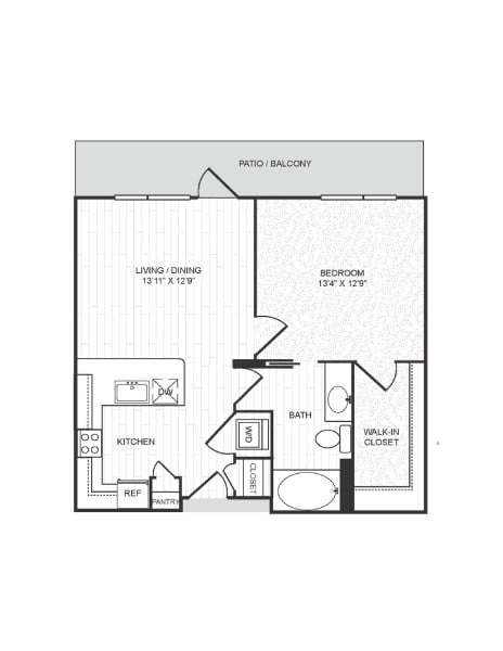 Floor plan for 1 bed, 1 bath, 706 sqft