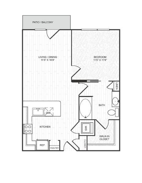 Floor plan for 1 bed, 1 bath, 708 sqft