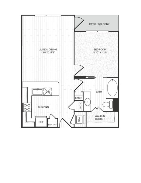 Floor plan for 1 bed, 1 bath, 762 sqft