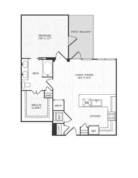 Floor plan for 1 bed, 1 bath, 795 sqft