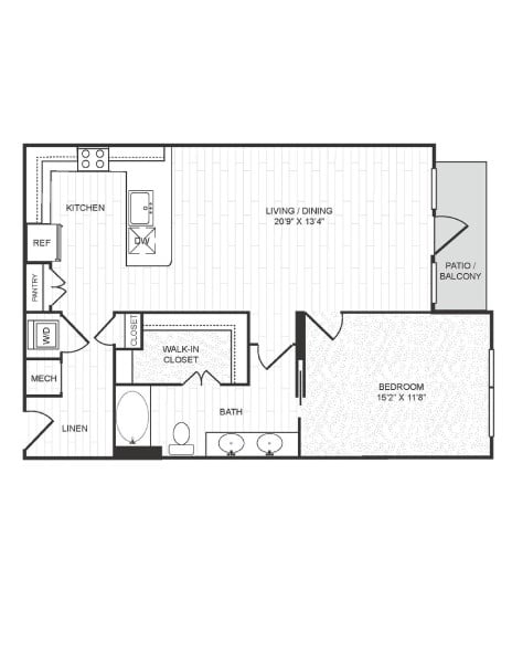 Floor plan for 1 bed, 1 bath, 909 sqft