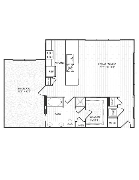Floor plan for 1 bed, 1 bath, 1116 sqft