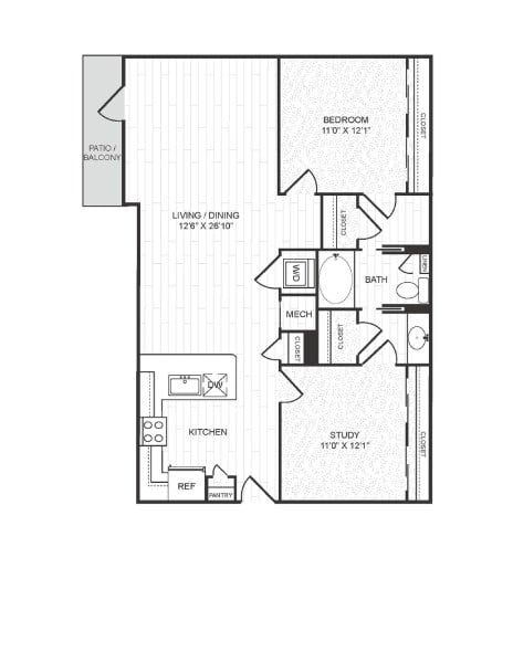 Floor plan for 1 bed, 1 bath, 1113 sqft