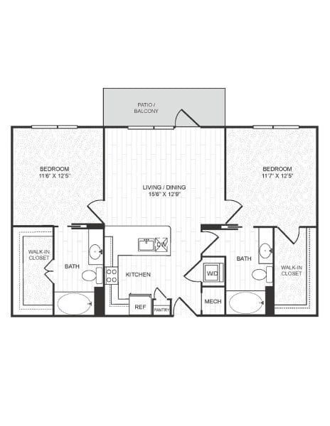 Floor plan for 2 beds, 2 baths, 1006 sqft