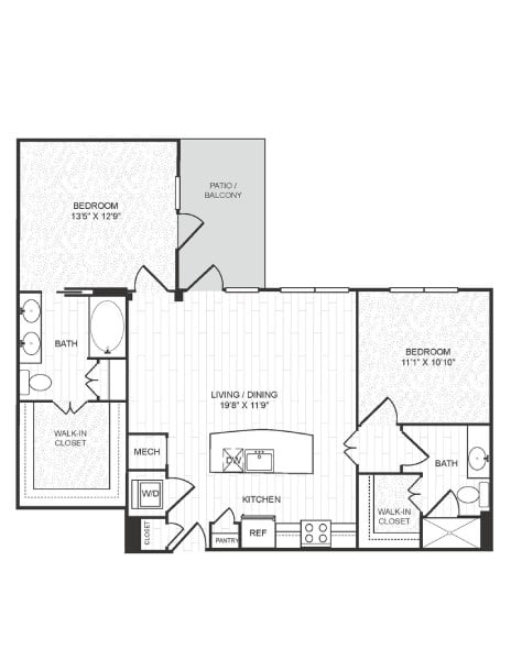 Floor plan for 2 beds, 2 baths, 1071 sqft