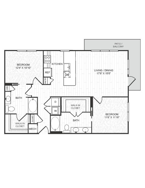 Floor plan for 2 beds, 2 baths, 1158 sqft