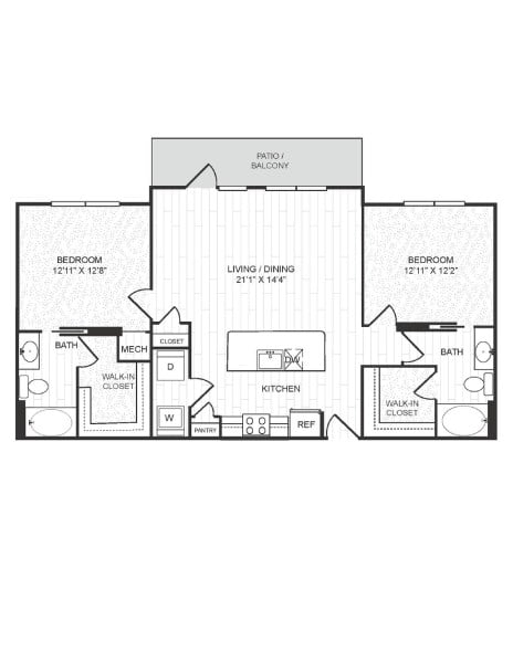 Floor plan for 2 beds, 2 baths, 1213 sqft