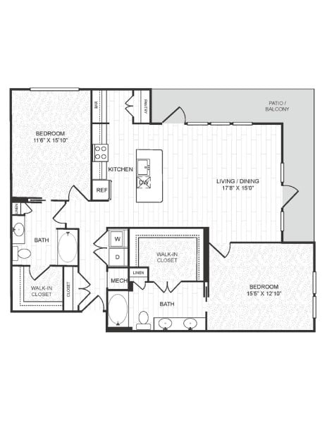 Floor plan for 2 beds, 2 baths, 1374 sqft