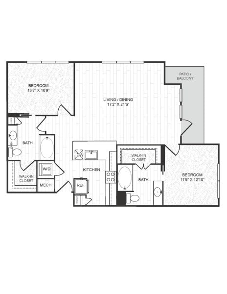 Floor plan for 2 beds, 2 baths, 1199 sqft