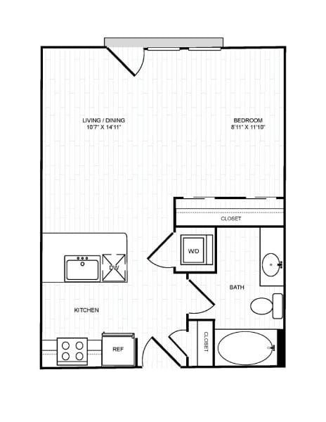 Floor plan for studio, 1 bath, 543 sqft
