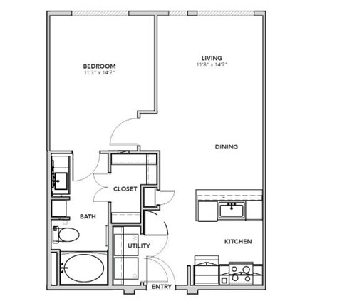 Floor plan for 1 bed, 1 bath, 716 sqft