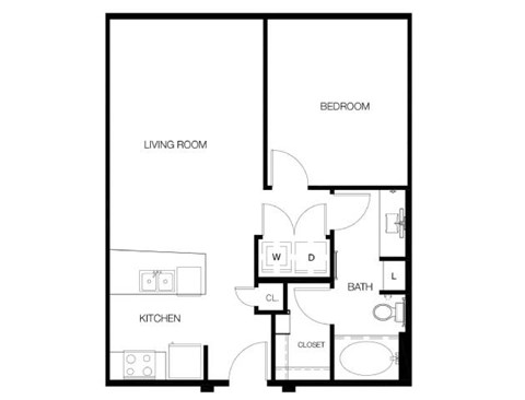 Floor plan for 1 bed, 1 bath, 702 sqft