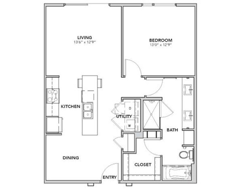 Floor plan for 1 bed, 1 bath, 828 sqft