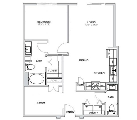 Floor plan for 1 bed, 1.5 baths, 886 sqft