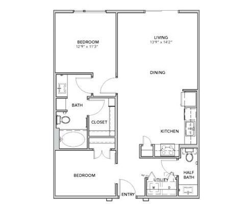 Floor plan for 1 bed, 1.5 baths, 908 sqft