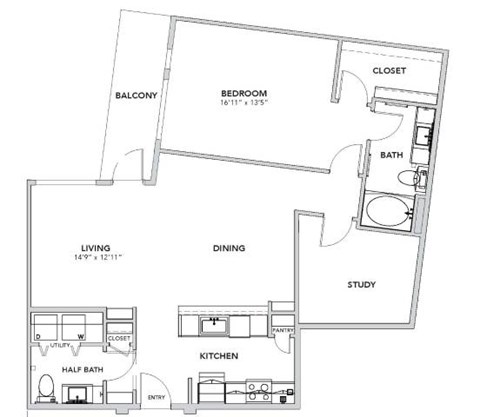 Floor plan for 1 bed, 1.5 baths, 1178 sqft