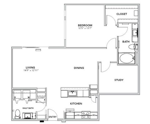 Floor plan for 1 bed, 1.5 baths, 1085 sqft
