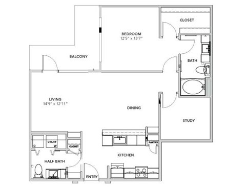 Floor plan for 1 bed, 1.5 baths, 1056 sqft