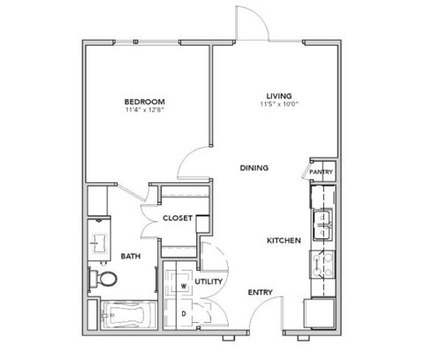 Floor plan for 1 bed, 1 bath, 673 sqft