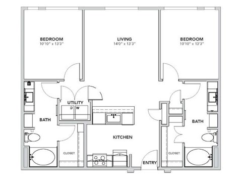 Floor plan for 2 beds, 2 baths, 1086 sqft