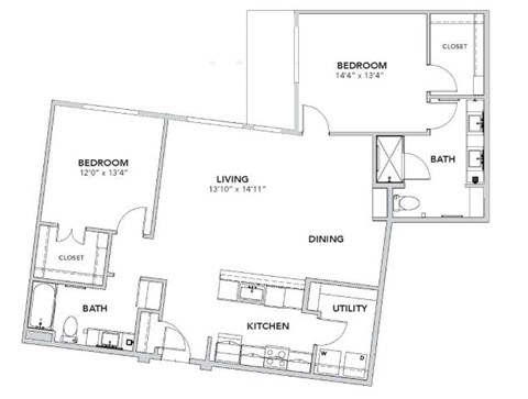 Floor plan for 2 beds, 2 baths, 1335 sqft