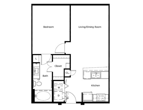 Floor plan for 1 bed, 1 bath, 696 sqft