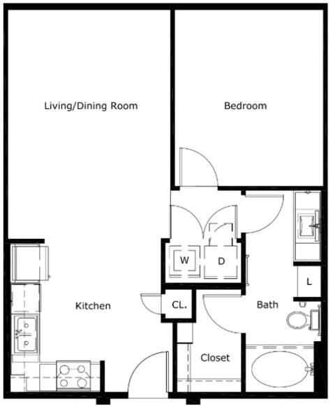 Floor plan for 1 bed, 1 bath, 726 sqft