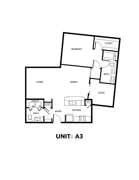 Floor plan for 1 bed, 1.5 baths, 1041 sqft