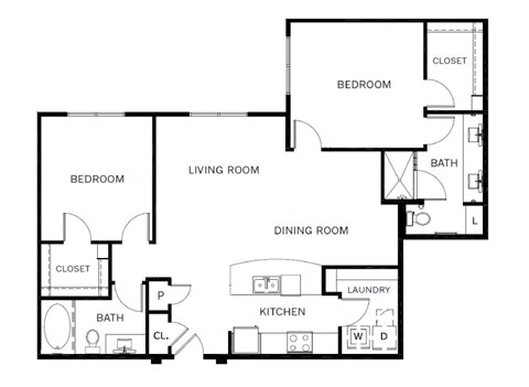 Floor plan for 2 beds, 2 baths, 1251 sqft
