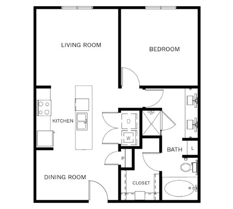 Floor plan for 1 bed, 1 bath, 828 sqft