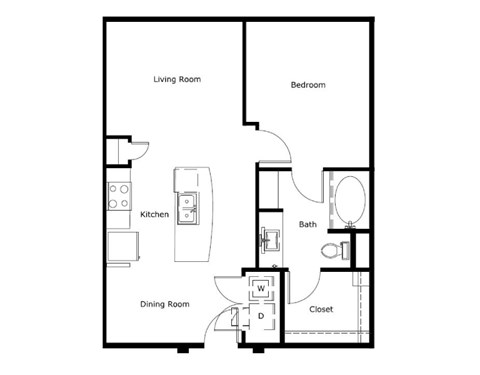 Floor plan for 1 bed, 1 bath, 702 sqft