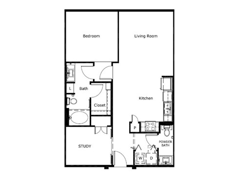 Floor plan for 1 bed, 1 bath, 1024 sqft