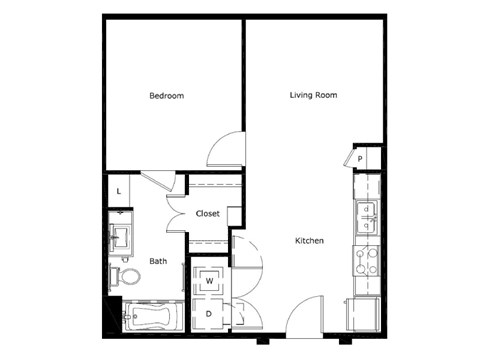 Floor plan for 1 bed, 1 bath, 604 sqft