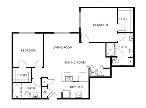Floor plan for 2 beds, 2 baths, 1251 sqft