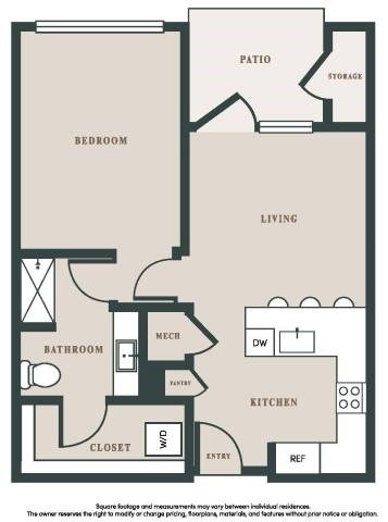 Floor plan for 1 bed, 1 bath, 739 sqft