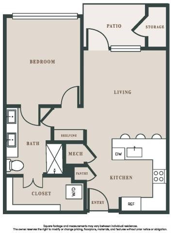 Floor plan for 1 bed, 1 bath, 822 sqft