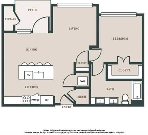 Floor plan for 1 bed, 1 bath, 911 sqft