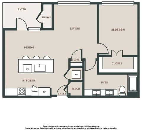 Floor plan for 1 bed, 1 bath, 972 sqft
