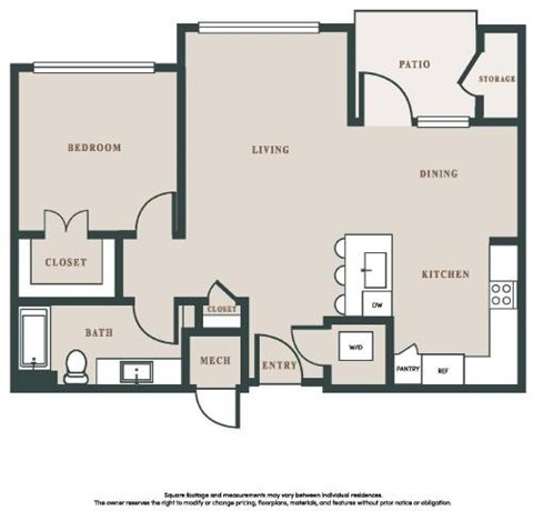 Floor plan for 1 bed, 1 bath, 923 sqft