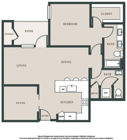 Floor plan for 1 bed, 1.5 baths, 1173 sqft