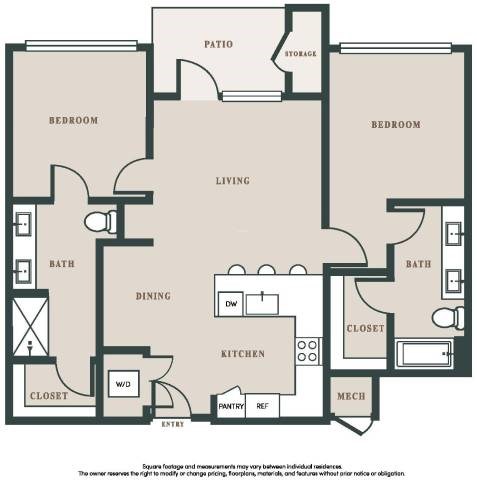 Floor plan for 2 beds, 2 baths, 1109 sqft