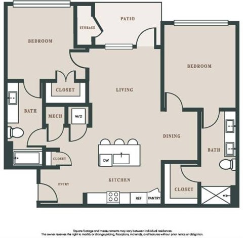 Floor plan for 2 beds, 2 baths, 1175 sqft