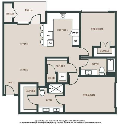 Floor plan for 2 beds, 2 baths, 1273 sqft